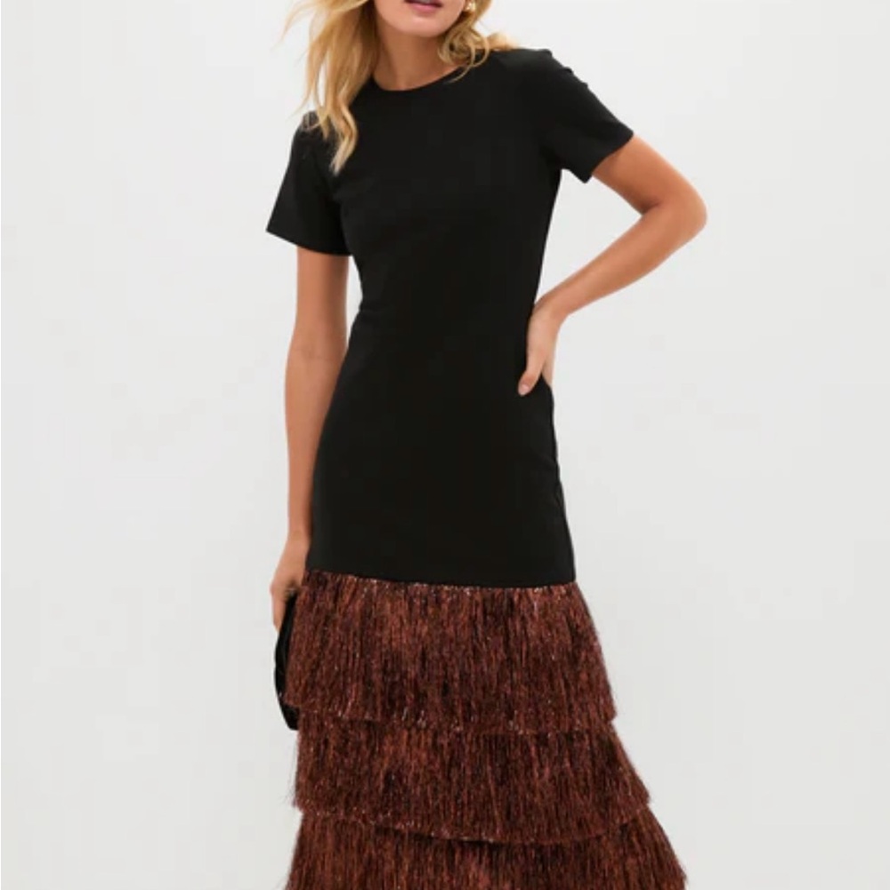 Chic Black and Brown Fringe Midi Dress